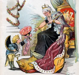 Puck verbeugt sich und überreicht Königin Victoria einen Blumenstrauß mit der Aufschrift "1837 1897"