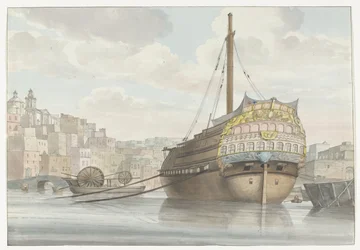 Ansicht des Hafens mit Galeerenschiff in der Nähe der Werft (Voyage en Italie, en Sicile et à Malte - 1778)