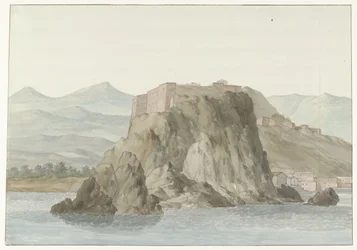 Felsen und Stadt Scilla in der Region Kalabrien, vom Meer aus gesehen