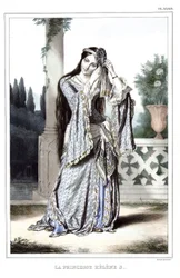 Prinzessin Helene Soutzo. in „Reise nach Athen und Konstantinopel, oder Sammlung griechischer und osmanischer Porträts, Ansichten und Kostüme, nach der Natur gemalt, lithographiert und koloriert von Louis Dupre (1789-1837), Schüler von David.1825.