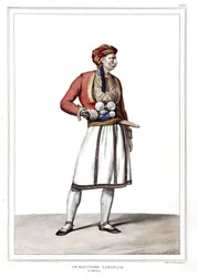 Ein albanischer Metzger in Athen. in „Reise nach Athen und Konstantinopel, oder Sammlung griechischer und osmanischer Porträts, Ansichten und Kostüme, nach der Natur gemalt, lithographiert und koloriert von Louis Dupre (1789-1837), Schüler von David.1825.