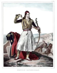 Demetrius Mavromichalis, griechischer Soldat und Patriot. in „Reise nach Athen und Konstantinopel, oder Sammlung griechischer und osmanischer Porträts, Ansichten und Kostüme, nach der Natur gemalt, lithografiert und koloriert von Louis Dupre (1789-1837), S