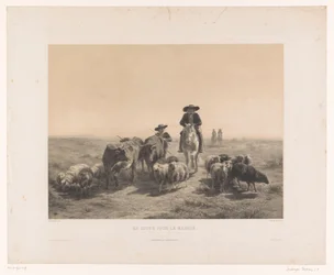 Bauer und Hirte mit Kühen und Schafen auf dem Weg zum Markt