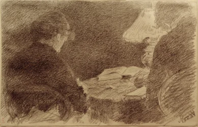 Mary und Emma Eysen unter einer Tischlampe