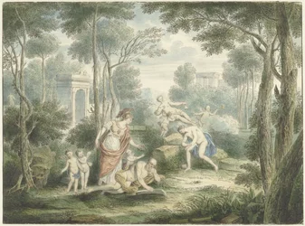 Arkadische Landschaft mit Athene, die einen alten Mann krönt, und Venus und Adonis