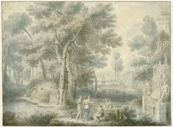 Arkadische Landschaft, rechts ein Brunnen