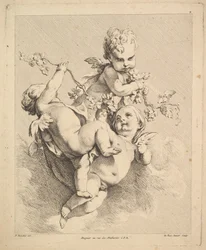 Drei Cupidos spielen mit Weinreben