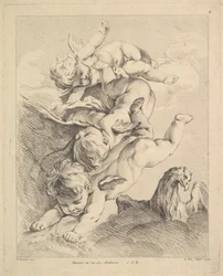 Drei Cupidos machen einen Purzelbaum, ein Adler rechts