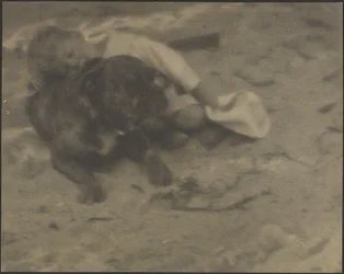 [Junge ruht auf Hund]