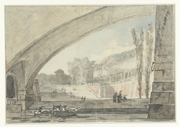 Durchblick unter einer Brücke zu Terrassen und einer Treppe