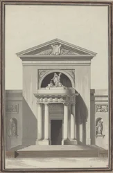 Fassade für eine Kirche mit einer Skulptur, die den Glauben darstellt