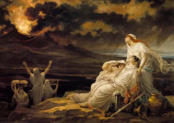 Herculaneum (23. August 79): die antike Stadt, die durch den Ausbruch des Vesuvs zerstört wurde, und die Einwohner, die auf einem Hügel Zuflucht suchten - Gemälde, Lebensdaten des Künstlers: 1829-1900