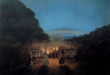 Die Bamboula, einst Tanz mit Bambus (oder Stöcken) in den Westindischen Inseln. Schwarze Sklaventanzszene im Licht von Fackeln. Gemälde von Honore Gamain