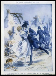 Soldaten betreten die Stadt, einer küsst eine Frau, 