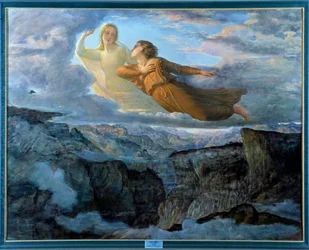 Das Gedicht der Seele; Das Ideal, eine junge Frau, die über einer Berglandschaft in die Luft erhoben wird und von einer Muse in einer lyrischen Atmosphäre begleitet wird