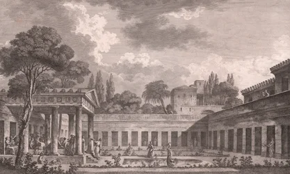 Ideale Rekonstruktion der Villa des Diomedes in Pompeji in ihrem ursprünglichen Zustand vor dem Vulkanausbruch des Vesuvs im Jahr 79 n. Chr., Kampanien, Italien, Radierung nach einer Zeichnung von Louis Jean Desprez (1743-1804)