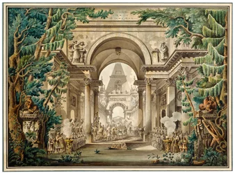 Prozession in einem Tempel. Bühnenbild für ein Theaterstück, 18. oder frühes 19. Jahrhundert