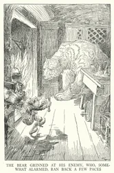 Der Bär grinste seinen Feind an, der etwas erschrocken ein paar Schritte zurückwich (Lithografie)