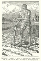 Der Riese hob Meister Däumling auf, um ihn wie einen Käfer oder Maikäfer zu betrachten (Lithografie)
