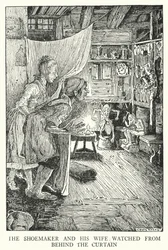 Der Schuster und seine Frau beobachteten hinter dem Vorhang