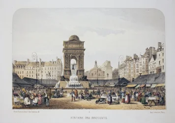Brunnen der Unschuldigen (Brunnen der Nymphen), Paris. Lithografie Aquarell, Illustration von Arnout, in „Album, Souvenirs de Paris“, Daziaro Herausgeber, Paris