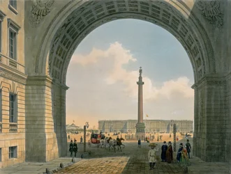 Palastplatz, Blick vom Bogen des Armeehauptquartiers, St. Petersburg, gedruckt von Lemercier, Paris, 1840er Jahre