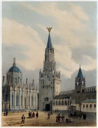Ansicht des Turms des Heiligen Erlösers (oder des Spasskaja-Turms) und der Kathedrale der Heiligen Katharina des Himmelfahrtsklosters im Moskauer Kreml) Lithographie von Louis Jules Arnout (1814-1868)