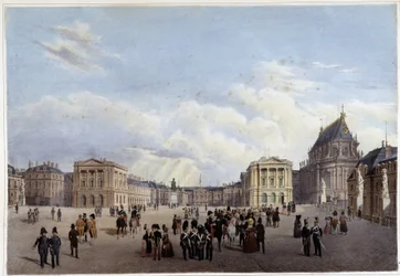 Der Ehrenhof des Schlosses von Versailles - aus „Promenade dans Paris et ses environs“, entworfen von Jacottet und Benoist, ca. 1840