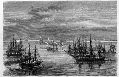 Ansicht des französisch-englischen Geschwaders an der Mündung des Hai He Flusses im Bohai Meer in Tanggu, China. Gravur von Lebreton, in „Le Tour du Monde, Nouveau journal des Voyages“, herausgegeben von Edouard Charton, Paris