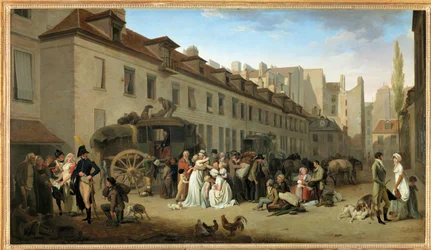 Die Ankunft einer Kutsche im Hof der Messageries, Rue Notre-Dame-des-Victoires, in Paris