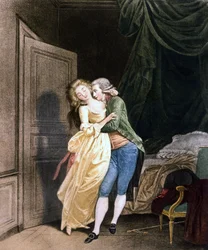 Sanfter Widerstand. Ein Mann macht einer sehr eleganten jungen Frau Avancen. Gravur von Boilly