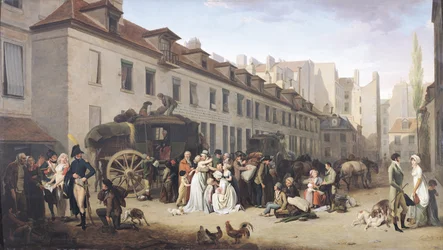 Die Ankunft einer Postkutsche am Endpunkt, rue Notre-Dame-des-Victoires, Paris