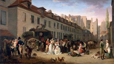 Die Ankunft einer Postkutsche am Endpunkt, rue Notre-Dame-des-Victoires, Paris, 1803, 1803-1845