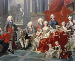 Die Familie von Philipp V. von Spanien (1683-1746) Detail, das den König, seine zweite Frau Elisabeth Farnese und den zukünftigen Ferdinand VI. zeigt