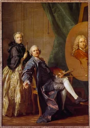 Louis Michel Van Loo (1707-1771), beraten von seiner Schwester Marie Anne, arbeitet am Porträt seines Vaters Jean Baptiste Van Loo (1684-1745) Gemälde von Louis Michel Van Loo (1707-1771) 1763 Sun. 2,4x1,6 m