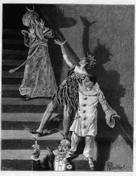 Am Abend des Maskenballs bebte die enge Treppe des Hotels unter dem Wahnsinn. In „Trente ans de Paris“, autobiografische Sammlung von Alphonse Daudet. Gravur nach Mon