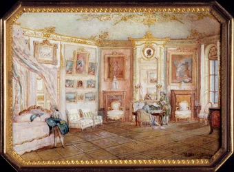 Deckel einer Tabatiere von Alexandre Leferre (ca. 1806-ca. 1838) dekoriert mit einer Miniaturmalerei von Louis Nicolas Van Blarenberghe (1716-1794) Darstellung eines Raumes unter Ludwig XV. Um 1770. Paris, Louvre Museum