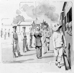 Ein chinesischer Schaffner bei einem Halt auf der Transsibirischen Eisenbahn. 1913. Illustration von Sabattier.
