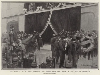 Die Beerdigung von M. Zola, der Sarg wird aus dem Haus in der Rue de Bruxelles getragen