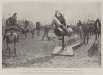 Das neue Pferd für das Schwerttraining, angenommen von der französischen Armee, Übung durch die Soldaten der 3. Drachen in Nantes