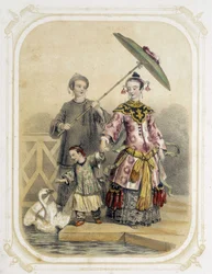 Familie spaziert in China - in „Album du jeune voyageur“, illustriert von Louis Lassalle