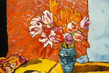 Blauer Vase, Tulpen und Draperie