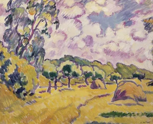Landschaft mit Heuhaufen