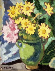 Gelbe Gänseblümchen in einem grünen Krug