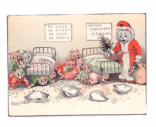 Viktorianische Grußkarte von Kätzchen, die sich vor Angst ducken beim Anblick einer als Weihnachtsmann verkleideten Katze, ca. 1880