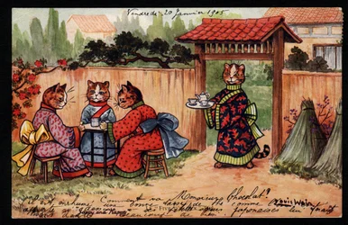 Tiere in menschlicher Haltung. Katze im Kimono trinkt Tee in einem japanischen Garten. Postkarte. Chromolithographie von Louis Wain (1860-1939), englischer Künstler, bekannt für seine Darstellung von Katzen mit großen Augen. Anfang des 20. Jahrhunderts. Sa