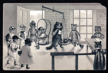 Wir genießen das schöne Wetter. Tiere in menschlicher Haltung. Katze als Jockey wird auf einer Waage gewogen. Postkarte. Chromolithographie von Louis Wain (1860-1939), englischer Künstler, bekannt für seine Darstellung von Katzen mit großen Augen. Anfang d