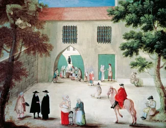 Hilfe für Arme vor der Abtei von Port-Royal des Champs, von Louise-Magdeleine Hortemels, Gouache, Frankreich