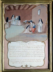 Jansenismus: Nonnen der Abtei Port-Royal-des-Champs pflegen die Kranken. Anonyme Gouache nach Louise Madeleine Cochin (1686-1767) Anfang des 18. Jahrhunderts. Port Royal, Musée Des Granges