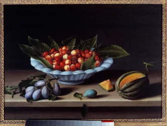Schale mit Kirschen, Pflaumen und Melone (Gemälde von Louise Moillon, 1633)